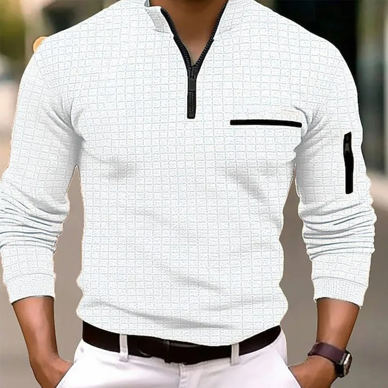 Men's checkerboard POLO shirt zip-up collar