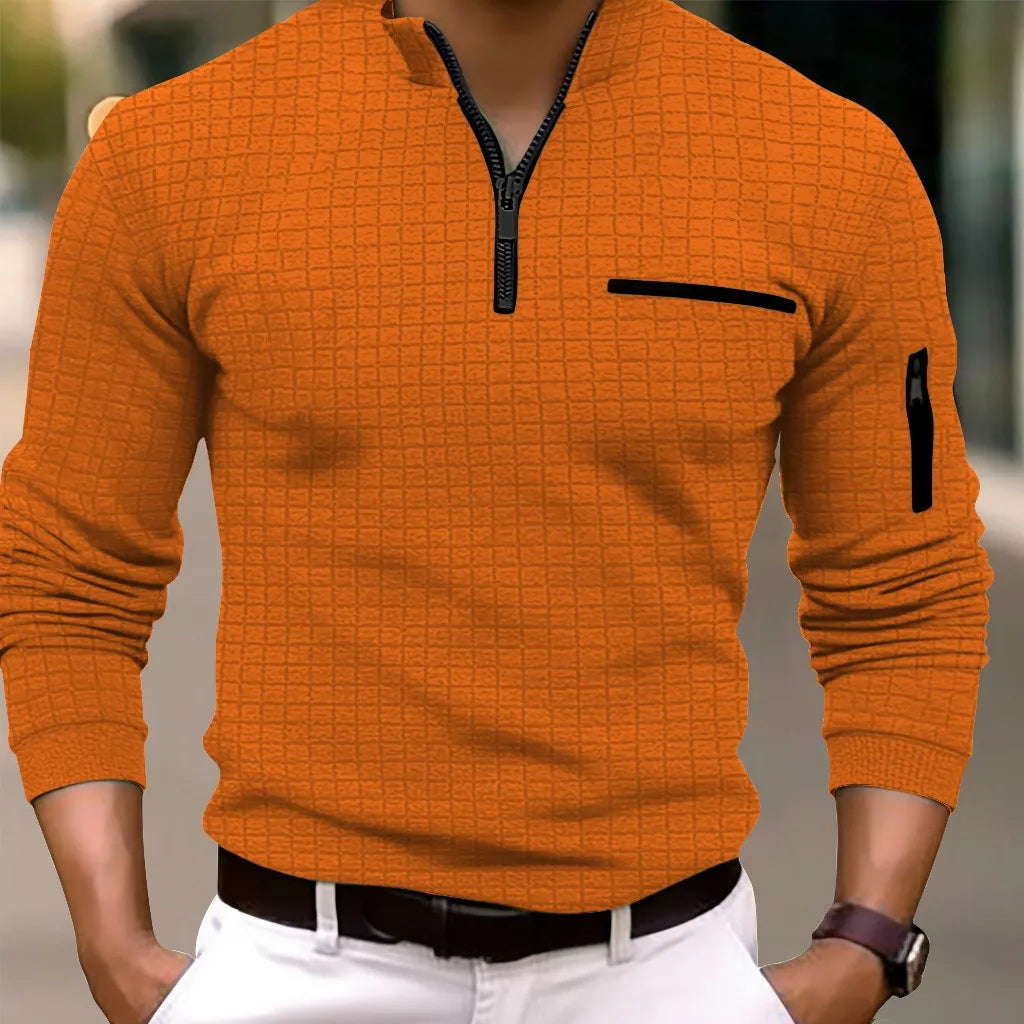 Men's checkerboard POLO shirt zip-up collar