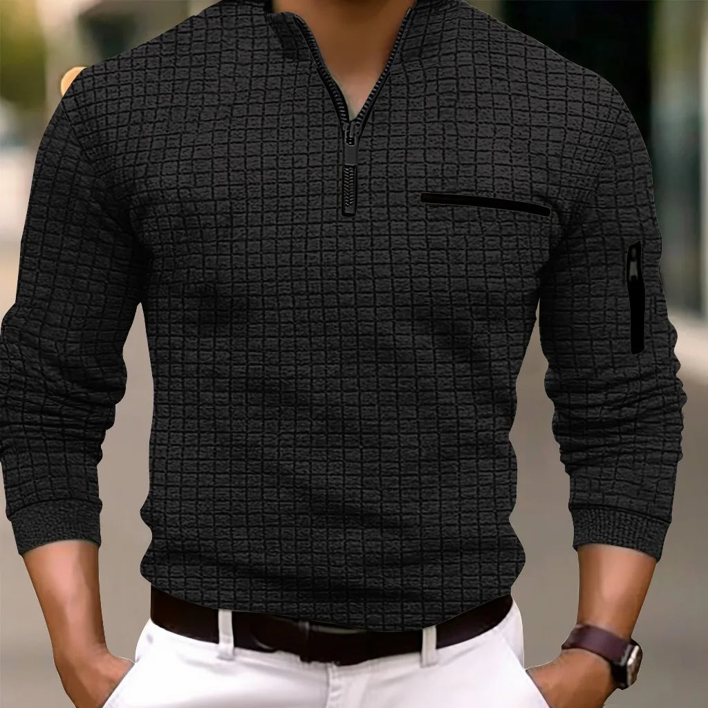 Men's checkerboard POLO shirt zip-up collar