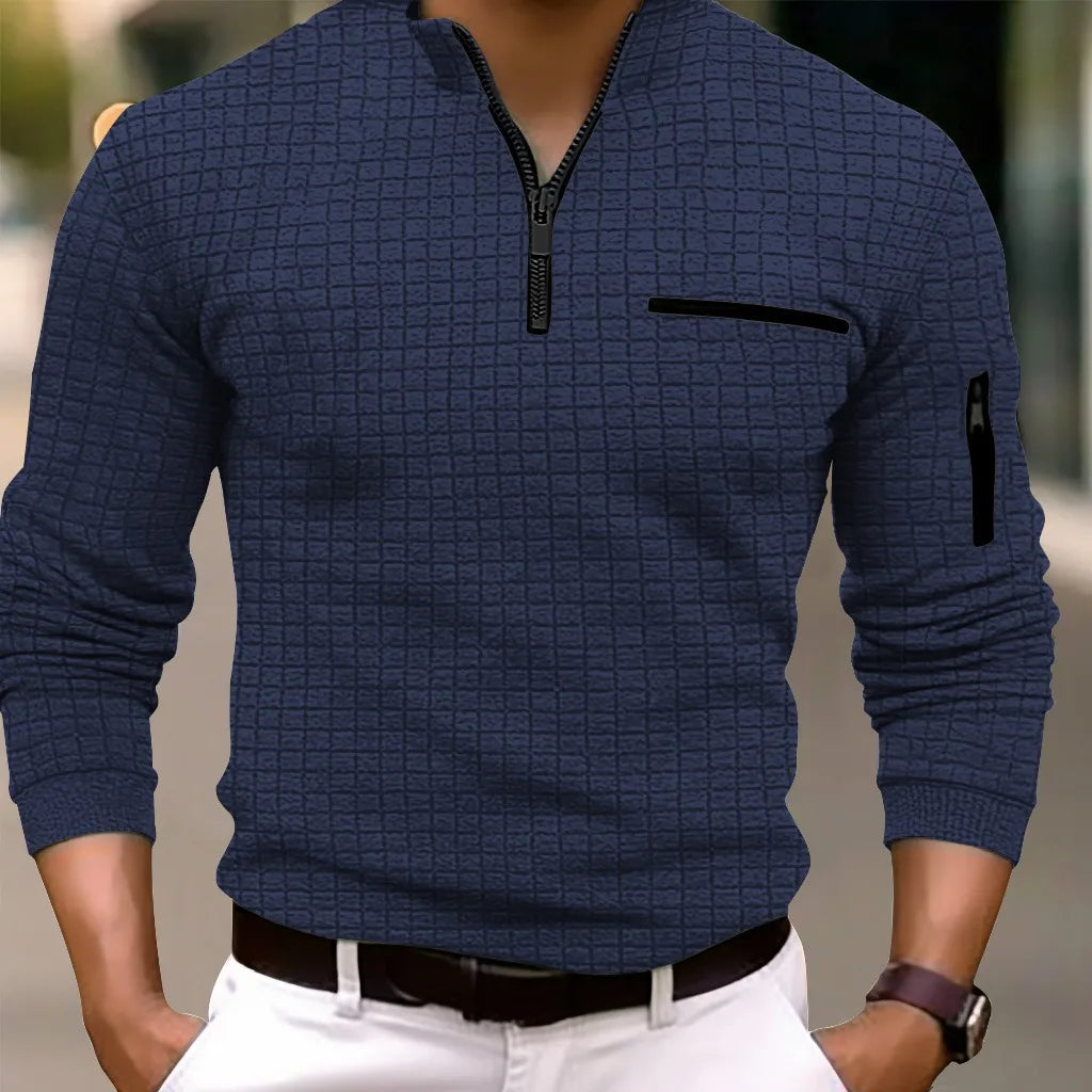 Men's checkerboard POLO shirt zip-up collar