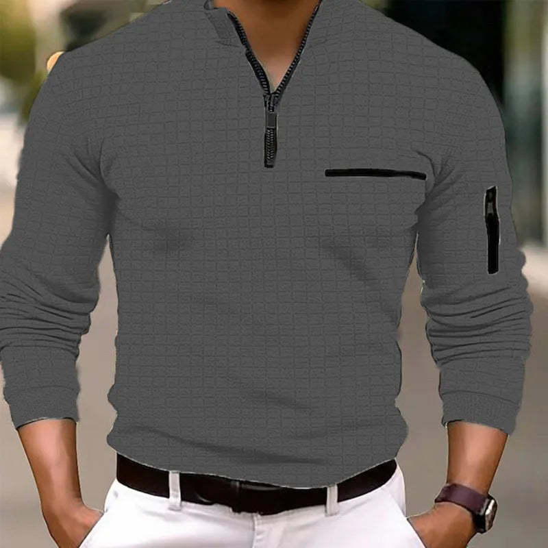 Men's checkerboard POLO shirt zip-up collar