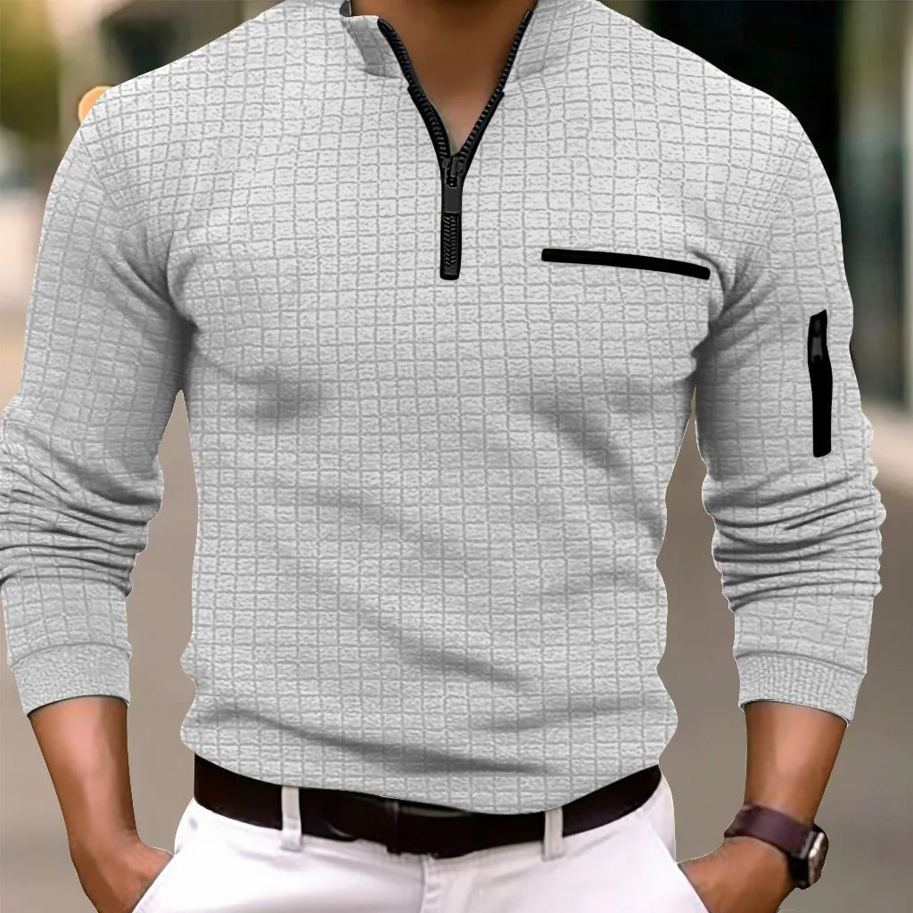 Men's checkerboard POLO shirt zip-up collar
